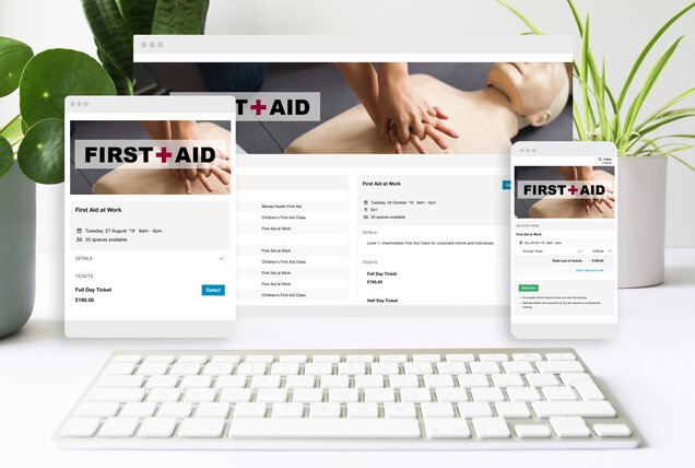 Bookwhen course booking page on mobile, tablet and laptop.